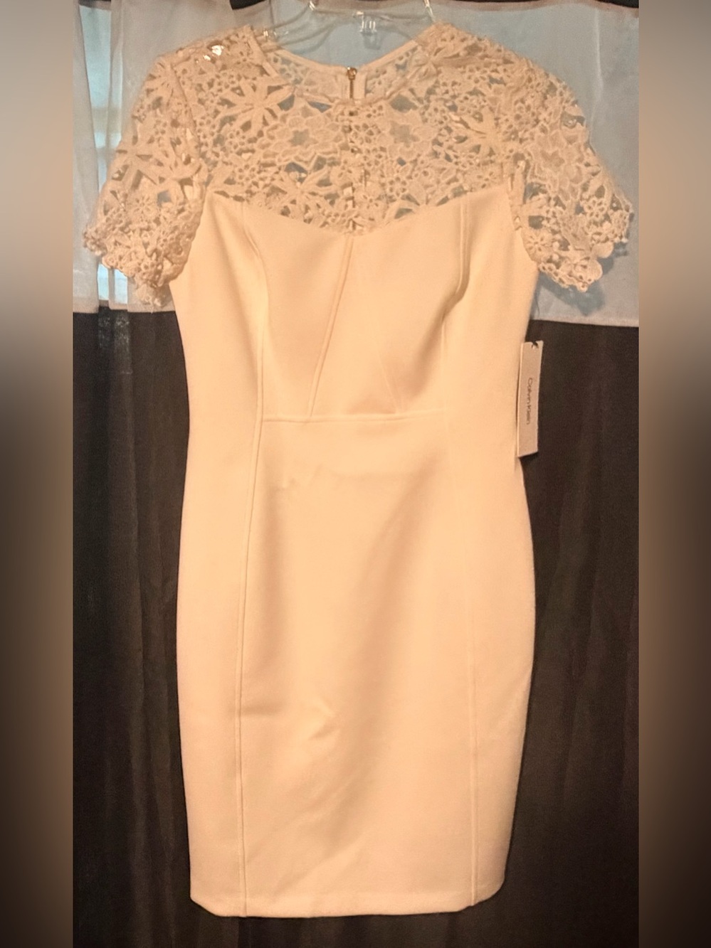 NWT Calvin Klein Cream Midi Dress with Crochet Lace Yoke